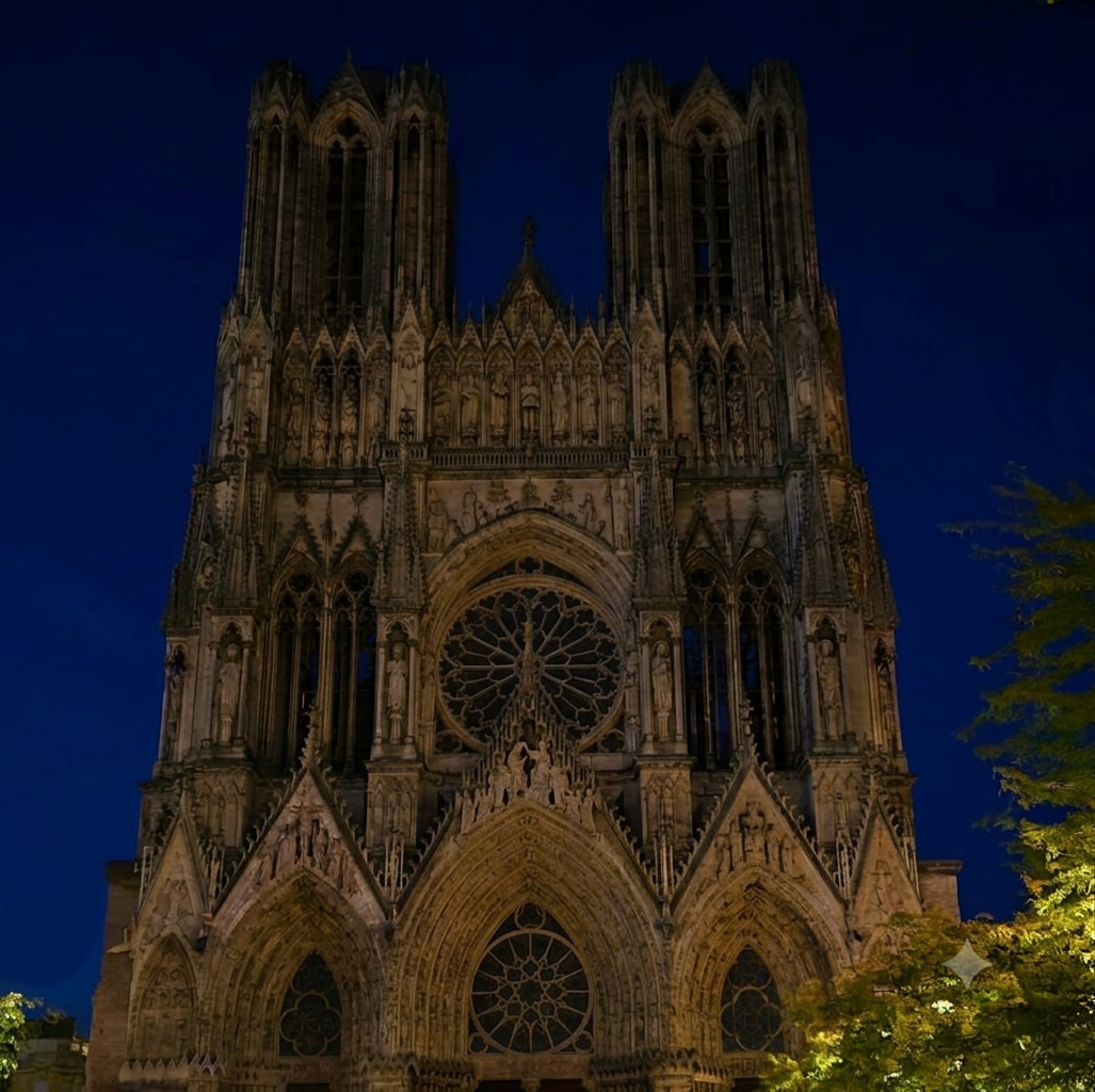 Bare, unlit cathedral facade