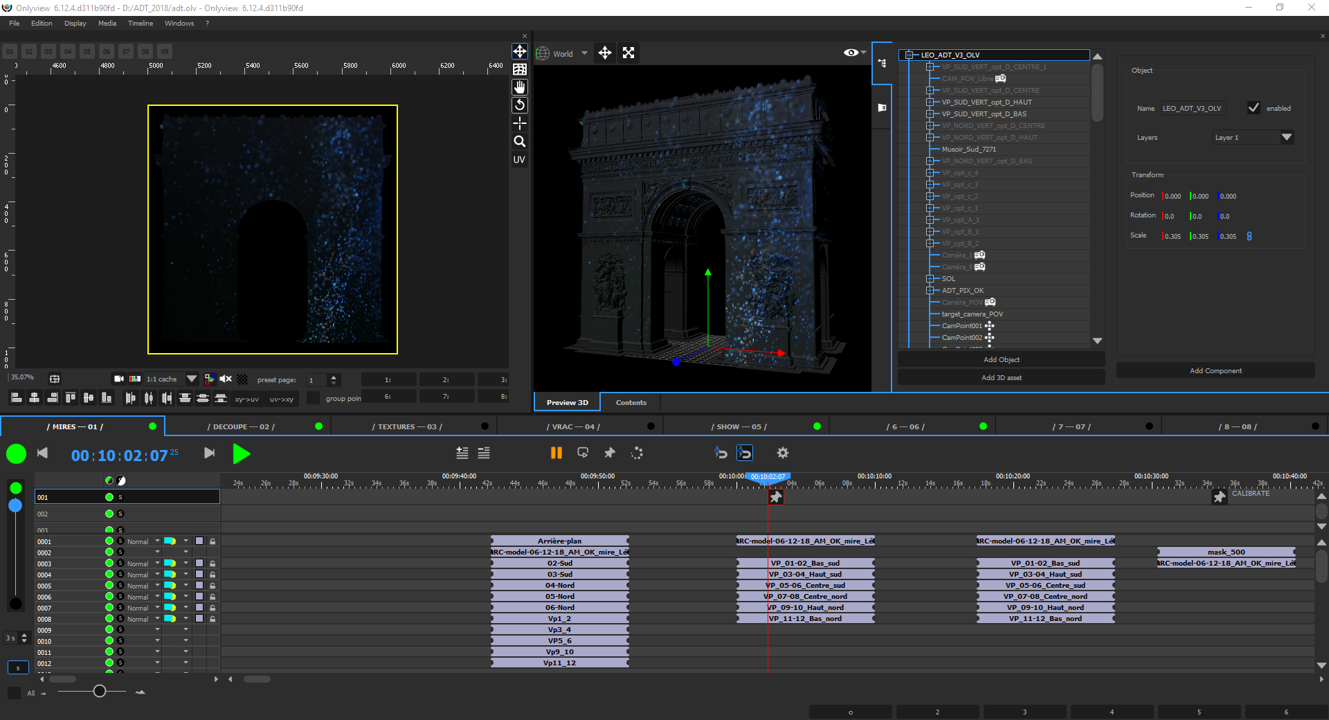 The Onlyview interface: a 3D point-cloud of the Arc de Triomphe in the central viewport, media bins on the right, a multi-layer timeline along the bottom, transport controls at lower-left and a properties panel on the far right.