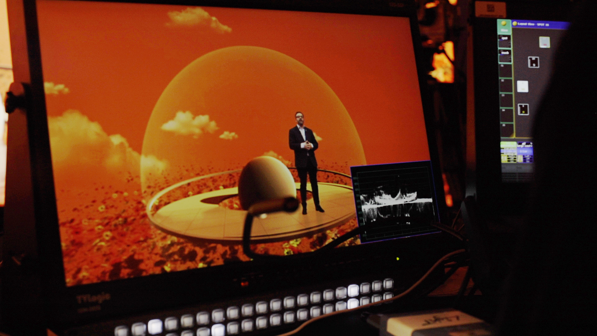 An LED volume wall on a virtual-production stage, film cameras positioned in front of it