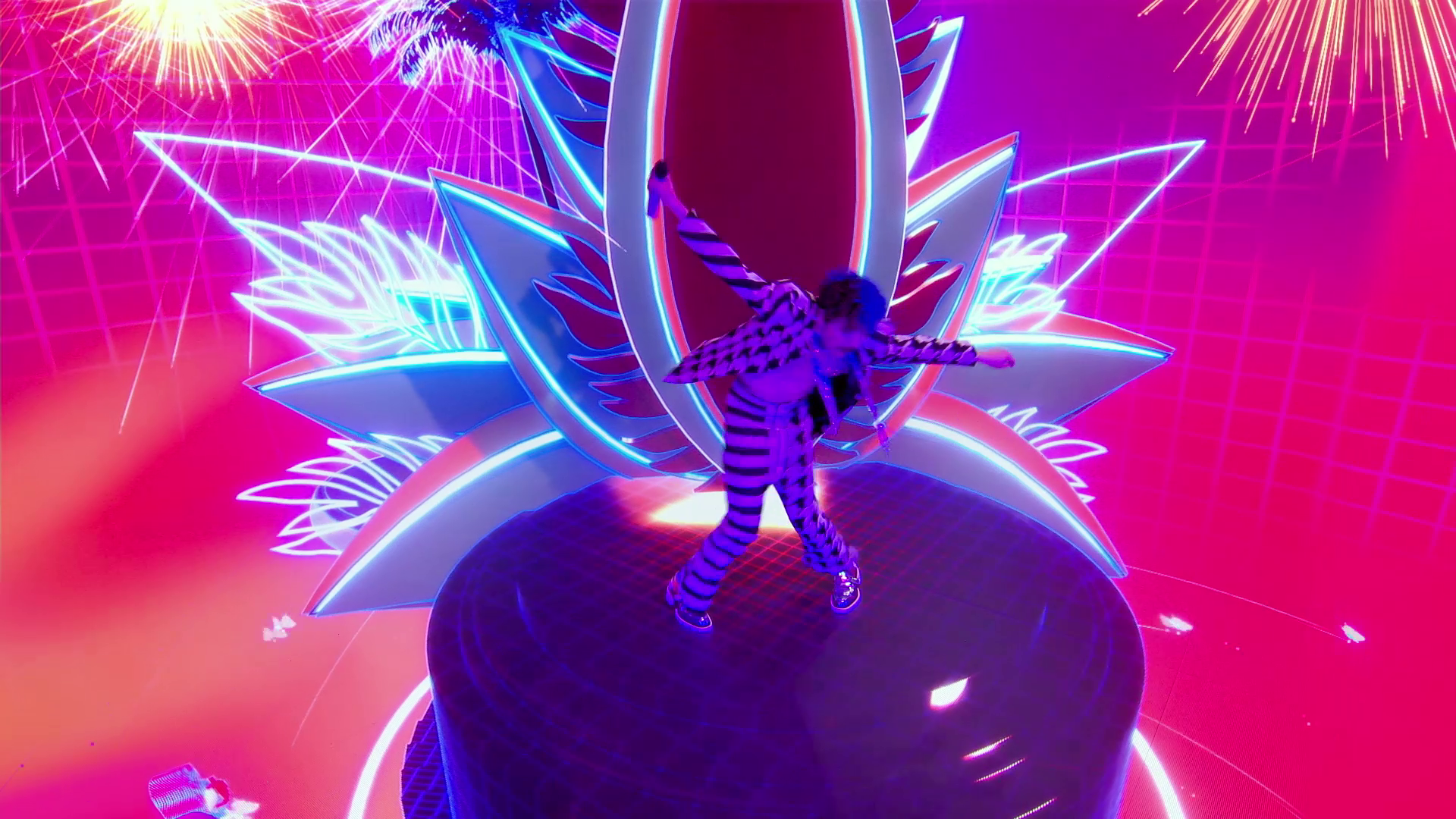 A dancer inside a neon-lit virtual set, glowing lotus and line-art motifs around them