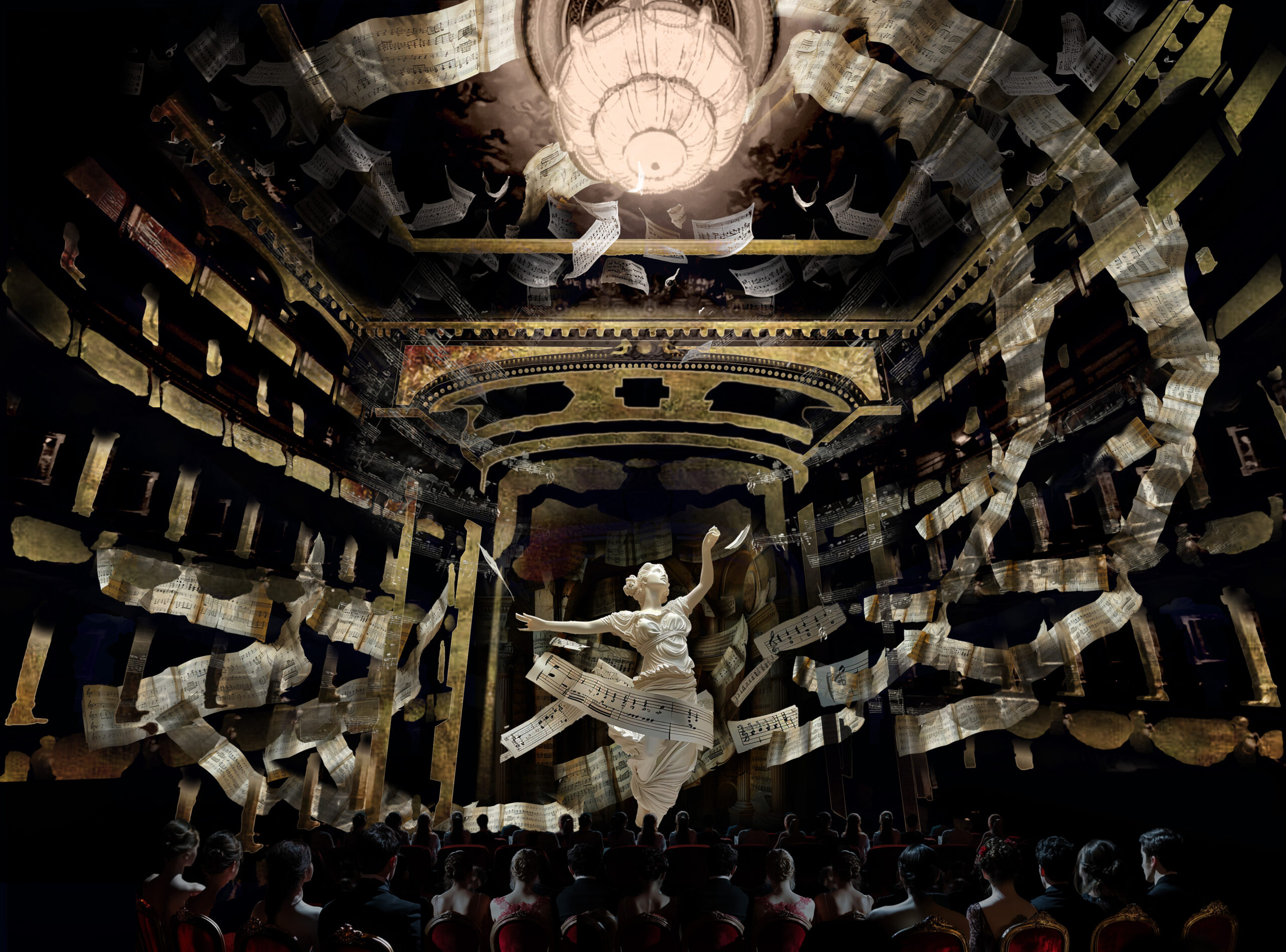 The interior of the Opéra de Nice filled with a swirling storm of projected musical scores around a dancing muse